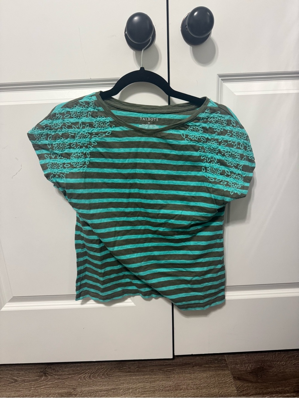 Talbots Teal & Olive Striped Short Sleeve 100% Cotton Tee with Floral Embroidery